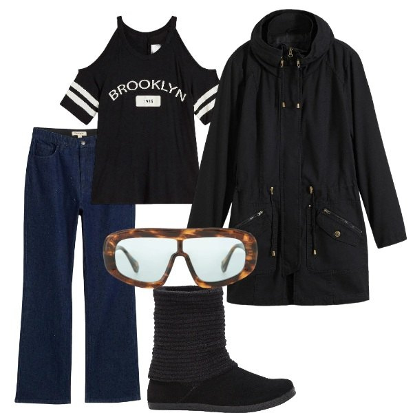 Outfit donna - Cappotto casual. Stile Urban per Scuola/Università. Abbinamento con jeans dritti, parka, maglieria, stivali, occhiali da sole.