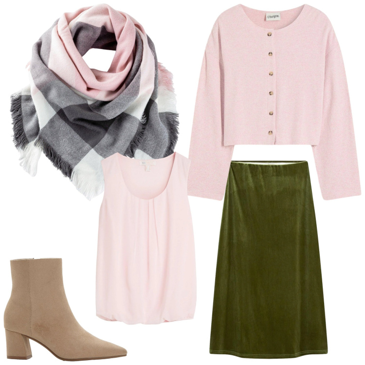 Outfit donna - Spring. Stile Casual chic per Tutti i giorni. Abbinamento con cardigans, foulard, gonne longuette, top, stivaletti.