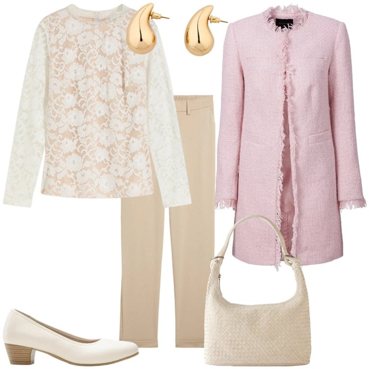 Outfit donna - Bon ton con il soprabito rosa. Stile Bon Ton per Tutti i giorni. Abbinamento con blazer, maglieria, pantaloni chino, décolleté, orecchini, shopping bag.