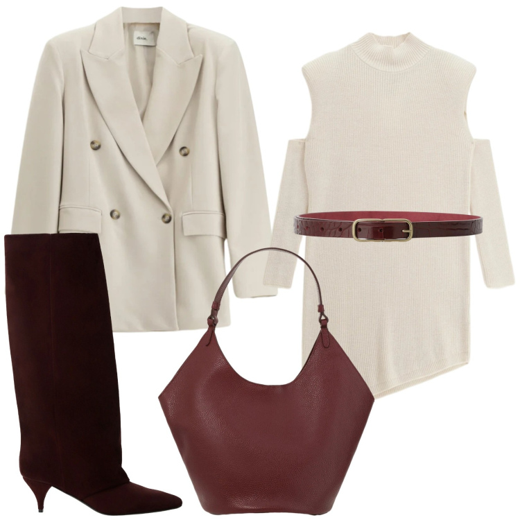 Outfit donna - Total look #2341981. Stile Trendy per Serata fuori. Abbinamento con stivali, borse a spalla, blazer, vestiti asimmetrici, cinture.