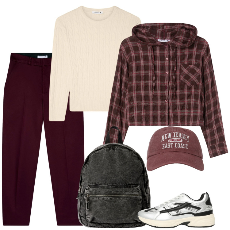 Outfit donna - A lezione. Stile Casual per Scuola/Università. Abbinamento con camicie, maglieria, zaini, sneakers, cappelli con visiera, pantaloni chino.