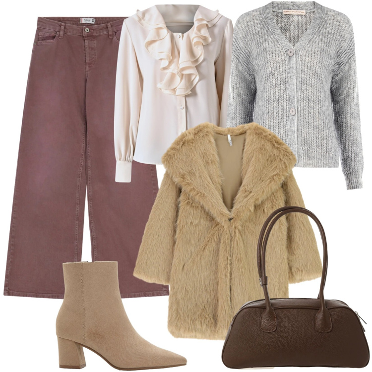 Outfit donna - Dolce febbraio. Stile Romantica per Tutti i giorni. Abbinamento con stivaletti, ecopellicce, borse a mano, pantaloni a palazzo, bluse, cardigans.