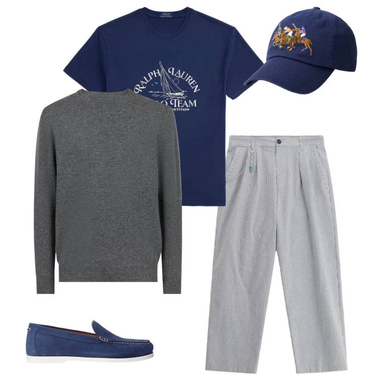 Outfit uomo - Coastal Heritage & Relaxed Prep. Stile Casual per Tutti i giorni. Abbinamento con pantaloni, t-shirt, cappelli, scarpe stringate, maglieria.
