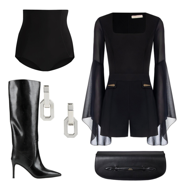 Outfit donna - Total black per gambe lunghe. Stile Sexy per Serata fuori. Abbinamento con stivali, tuta corta, culotte, clutch, orecchini.