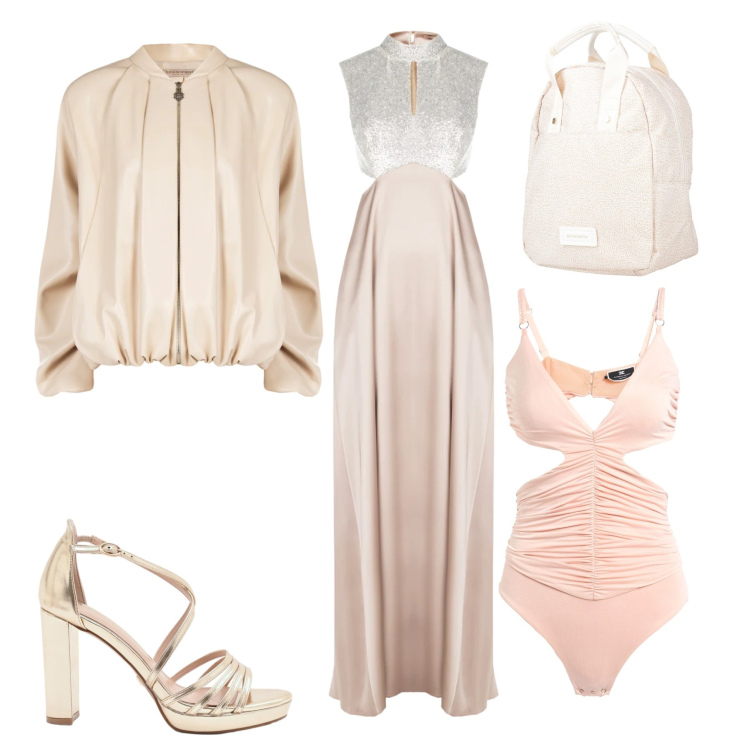 Outfit donna - Stardust Elegance & Satin Glow. Stile Glamour per Serata fuori. Abbinamento con zaini, body, vestiti lunghi, bomber, sandali col tacco.