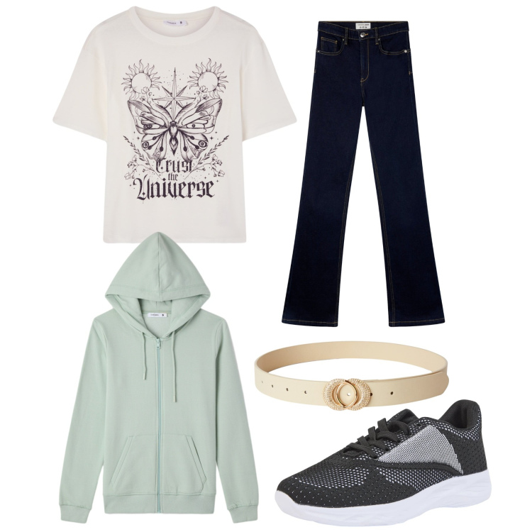 Outfit donna - Total look #2342130. Stile Casual per Tutti i giorni. Abbinamento con jeans a zampa, t-shirt, sneakers, cinture, felpe con cappuccio.