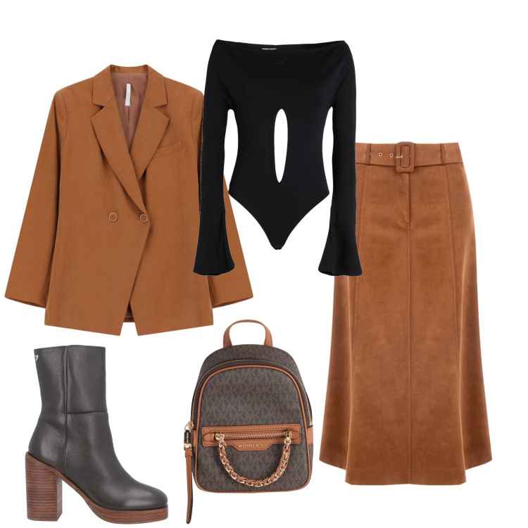 Outfit donna - Warm Earth Tones & Subtle Edge. Stile Glamour per Tutti i giorni. Abbinamento con zaini, stivaletti, body, blazer, gonne longuette.