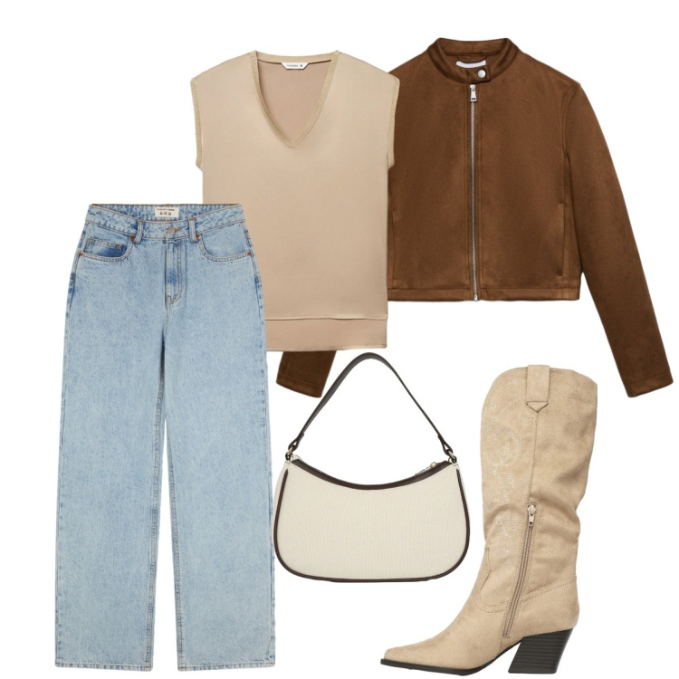 Outfit donna - Total look #2342164. Stile Urban per Tutti i giorni. Abbinamento con top, giacche, jeans, stivali, borse a tracolla.