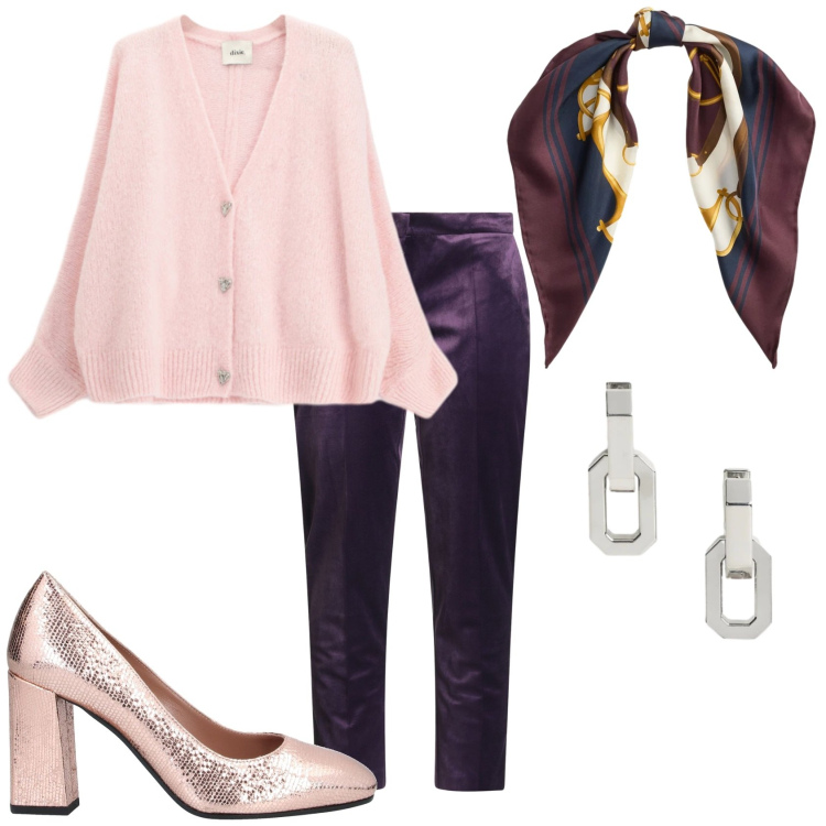 Outfit donna - Serata in casa. Stile Glamour per Serata fuori. Abbinamento con décolleté, pantaloni, cardigans, foulard, orecchini.