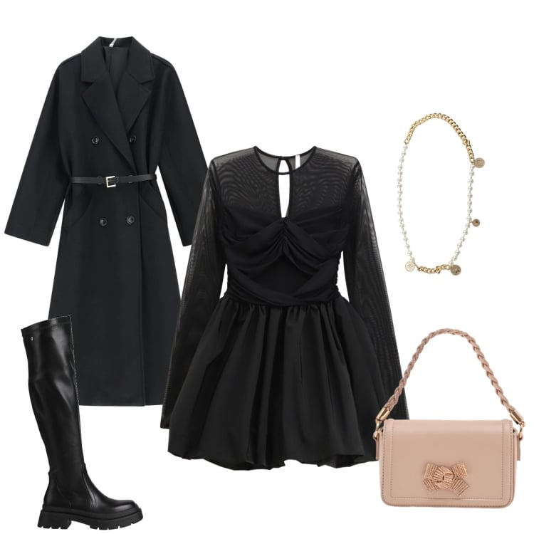 Outfit donna - Midnight Muse & Shadow Play. Stile Glamour per Serata fuori. Abbinamento con stivali, pochette, cappotti, vestiti corti, cinture.