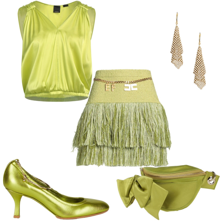 Outfit donna - Verde metallizzato. Stile Glamour per Serata fuori. Abbinamento con minigonne, marsupi, décolleté, top, orecchini.