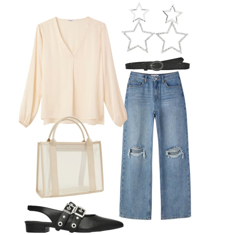 Outfit donna - Total look #2342231. Stile Minimal per Ufficio. Abbinamento con bluse, ballerine, jeans strappati, orecchini, borse tote, cinture.