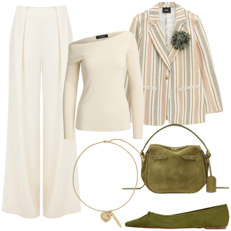 Outfit donna - Voglia di primavera. Stile Casual chic per Tutti i giorni. Abbinamento con blazer, pantaloni a palazzo, borse a mano, top, ballerine, ciondoli.