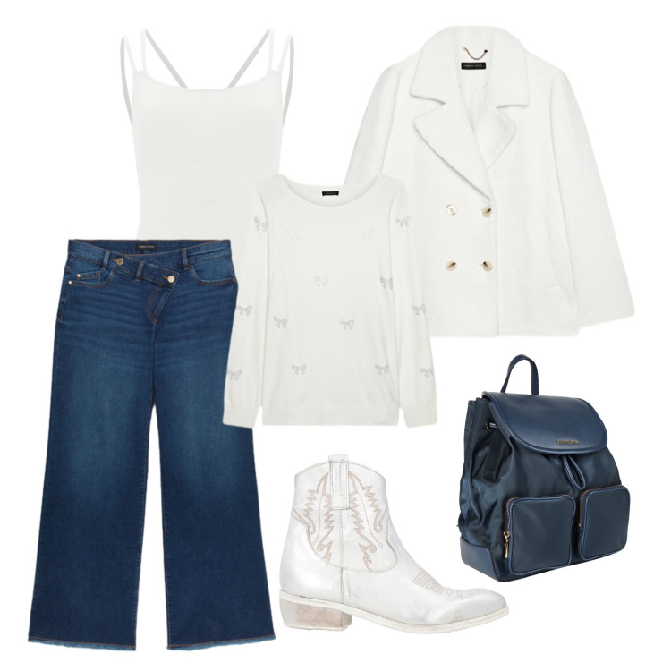 Outfit donna - Bianco e denim. Stile Urban per Tutti i giorni. Abbinamento con zaini, stivaletti texani, maglieria, caban, jeans, body.