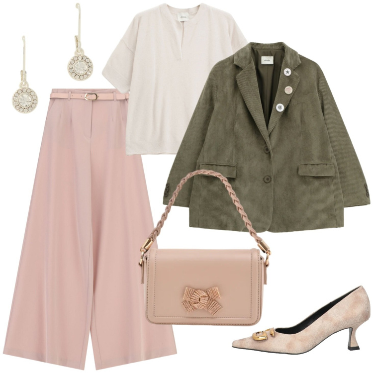 Outfit donna - Rosa e berde. Stile Casual per Tutti i giorni. Abbinamento con décolleté, pantaloni a palazzo, blazer, maglieria, pochette, orecchini.