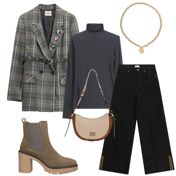 Outfit donna - Total look #2342245. Stile Urban per Tutti i giorni. Abbinamento con stivaletti chelsea, pantaloni a palazzo, blazer, t-shirt, borse a tracolla, collane.