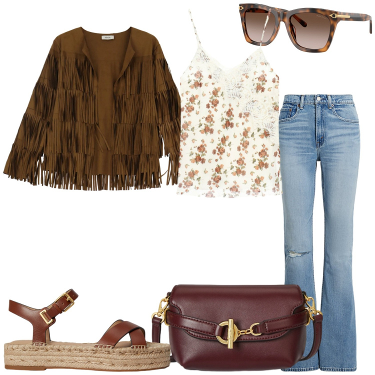 Outfit donna - Jeans per un aperitivo. Stile Trendy per Tutti i giorni. Abbinamento con top, giacche, jeans, occhiali da sole, borse a tracolla, espadrillas.