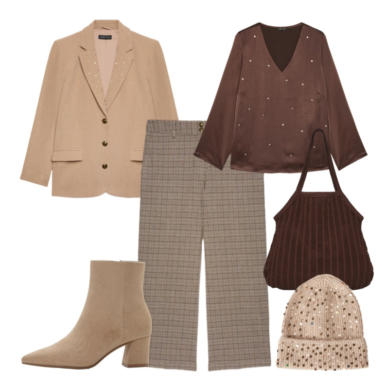 Outfit donna - Berretto con paillettes. Stile Casual chic per Ufficio. Abbinamento con stivaletti, berretti, shopping bag, bluse, pantaloni, blazer.