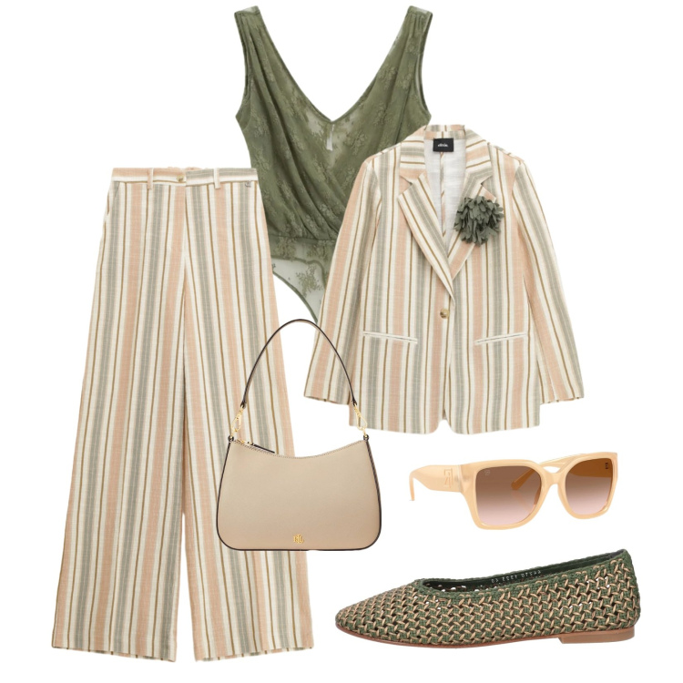 Outfit donna - Voglia di primavera. Stile Trendy per Tutti i giorni. Abbinamento con ballerine, top, blazer, pantaloni a palazzo, borse a spalla, occhiali da sole.