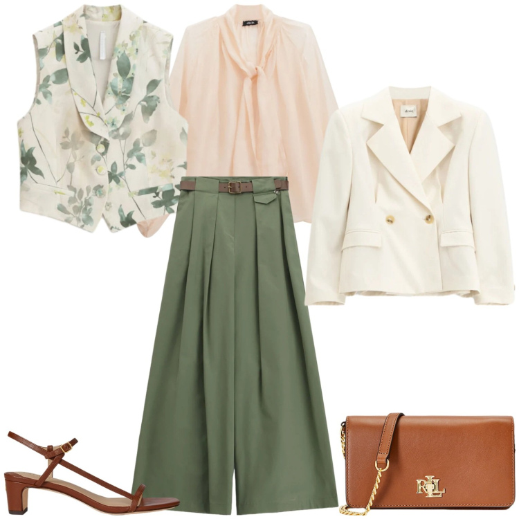 Outfit donna - Primavera. Stile Casual per Tutti i giorni. Abbinamento con gilet, pantaloni a palazzo, bluse, blazer, borse a mano, sandali in pelle.