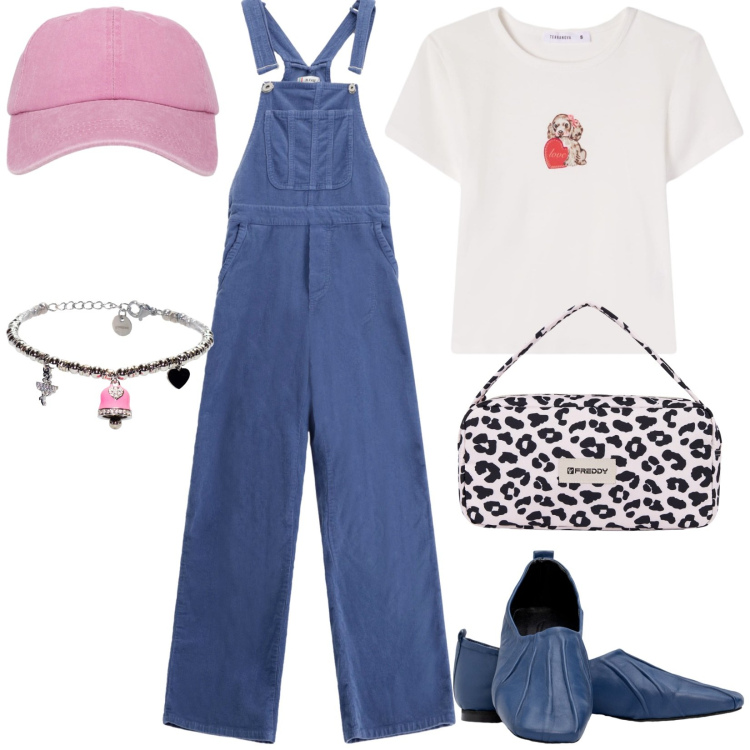 Outfit donna - Total look #2342258. Stile Basic per Tutti i giorni. Abbinamento con t-shirt, cappelli con visiera, salopette, borse a spalla, braccialetti, ballerine.