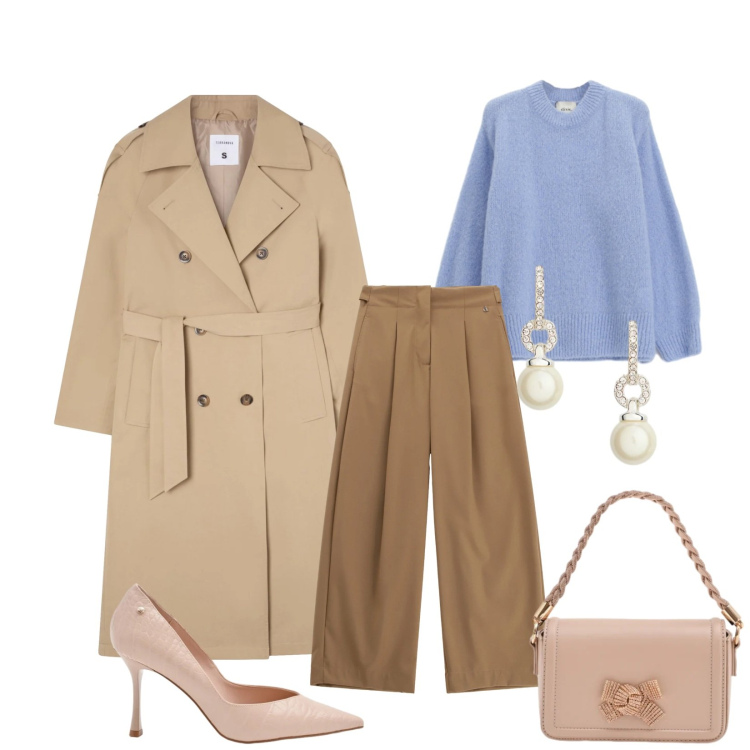 Outfit donna - Total look #2342259. Stile Chic per Serata fuori. Abbinamento con trench, pantaloni a palazzo, maglieria, pochette, décolleté, orecchini.