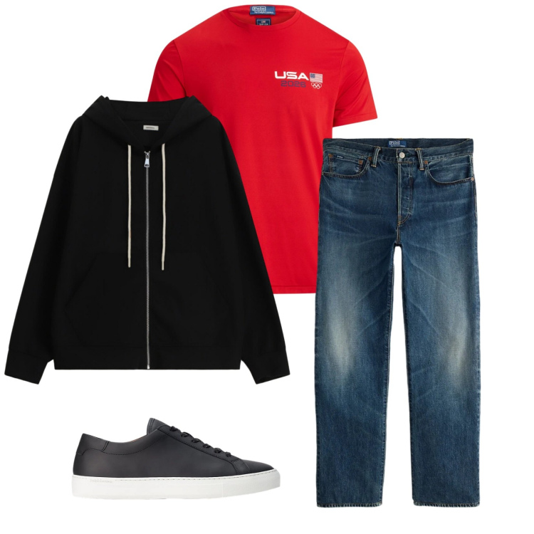 Outfit uomo - Total look #2342262. Stile Trendy per Tutti i giorni. Abbinamento con felpe con cappuccio, sneakers, jeans dritti, t-shirt.