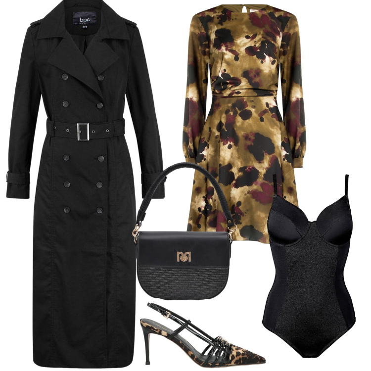 Outfit donna - Chic. Stile Bon Ton per Serata fuori. Abbinamento con décolleté, trench, body, borse a spalla, vestiti midi/longuette.