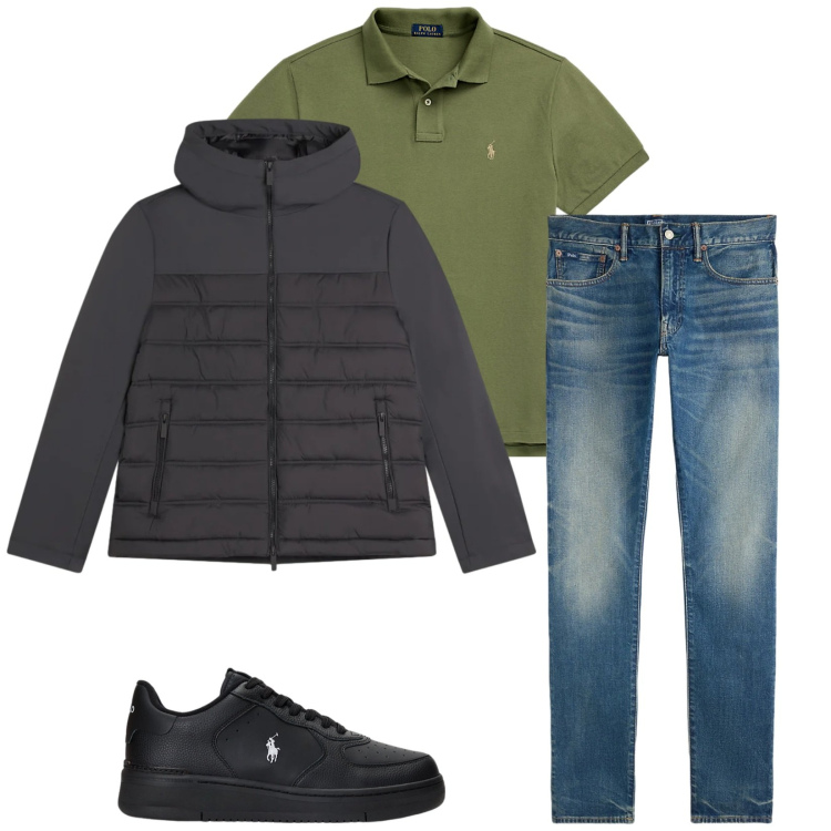 Outfit uomo - Total look #2342266. Stile Casual per Tutti i giorni. Abbinamento con piumini, polo, sneakers, jeans.