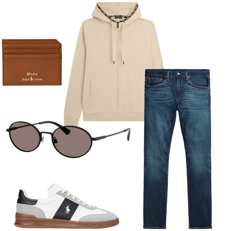 Outfit uomo - Total look #2342267. Stile Trendy per Tutti i giorni. Abbinamento con felpe con cappuccio, sneakers, portafogli, jeans, occhiali da sole.