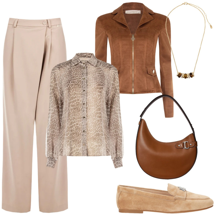 Outfit donna - Verso la primavera. Stile Casual per Tutti i giorni. Abbinamento con pantaloni a palazzo, camicie, giacche, mocassini, collane, borse a spalla.