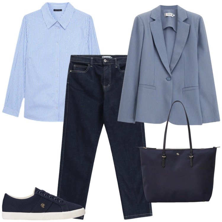 Outfit donna - Denim @work. Stile Casual chic per Ufficio. Abbinamento con camicie, jeans dritti, blazer, borse tote, sneakers.