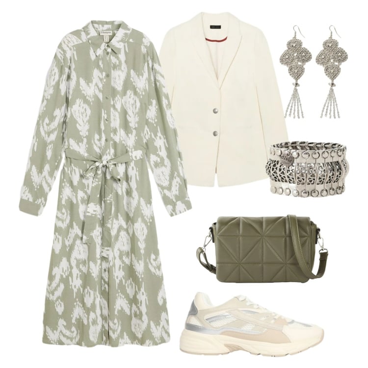 Outfit donna - Tonalità soft. Stile Sporty chic per Scuola/Università. Abbinamento con vestiti, borse a tracolla, blazer, sneakers, orecchini, anelli.