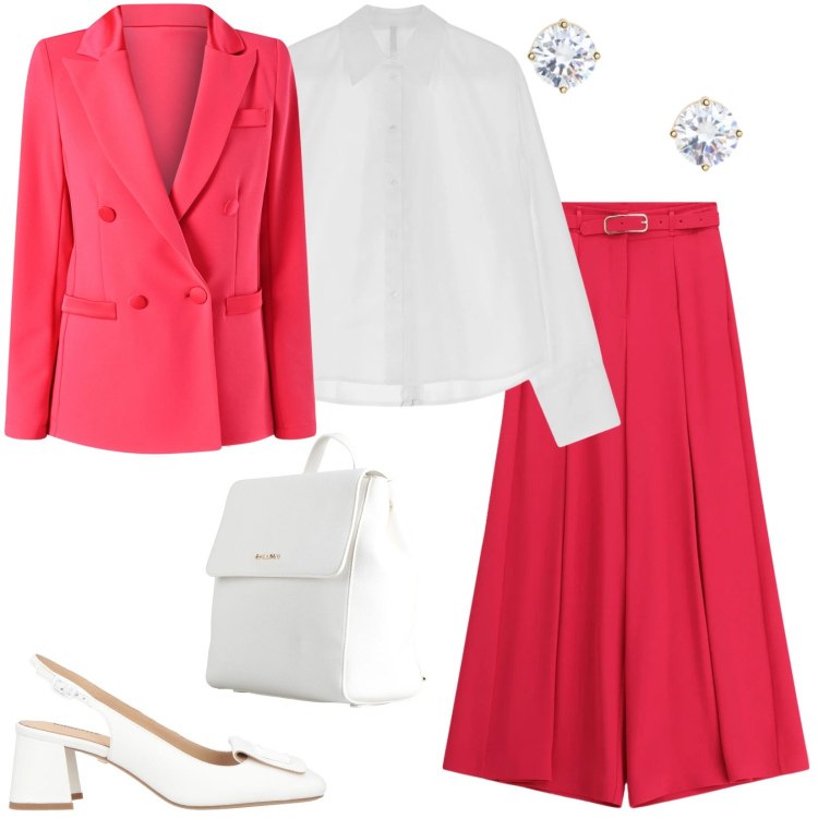 Outfit donna - Total look #2342271. Stile Chic per Tutti i giorni. Abbinamento con zaini, décolleté, pantaloni a palazzo, camicie, blazer, orecchini.