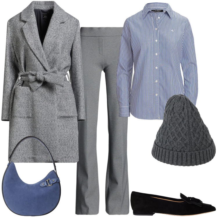 Outfit donna - Febbraio. Stile Casual per Ufficio. Abbinamento con pantaloni, cappotti, cappelli, ballerine, borse a spalla, camicie.
