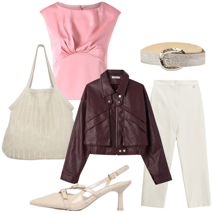 Outfit donna - Love is in the air. Stile Casual chic per Tutti i giorni. Abbinamento con cinture, décolleté, shopping bag, bomber, pantaloni, top.