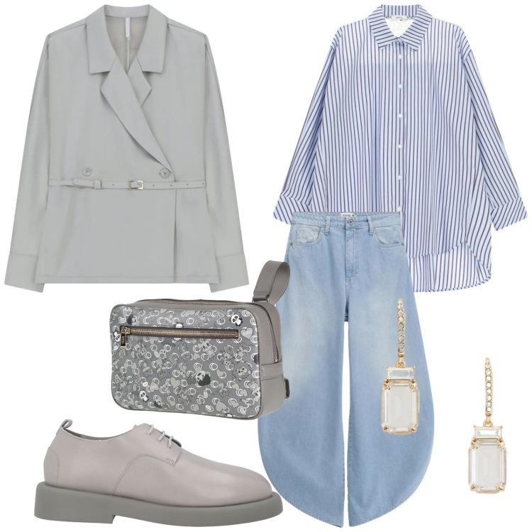 Outfit donna - Jeans in ufficio. Stile Casual per Ufficio. Abbinamento con marsupi, scarpe stringate, blazer, camicie, jeans, orecchini.