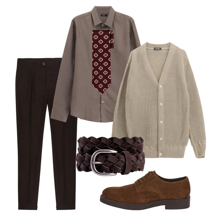 Outfit uomo - Coffee time. Stile Business/Elegante per Tutti i giorni. Abbinamento con cardigans, camicie, scarpe stringate, pantaloni, cravatte, cinture.