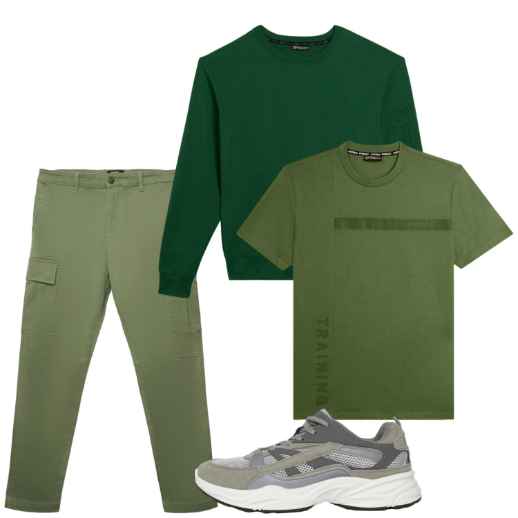 Outfit uomo - Sabato weekend. Stile Casual per Tutti i giorni. Abbinamento con sneakers, pantaloni cargo, felpe, t-shirt.