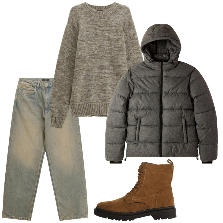 Outfit uomo - Melange e delavè. Stile Urban per Tutti i giorni. Abbinamento con jeans, maglieria, anfibi, bomber.