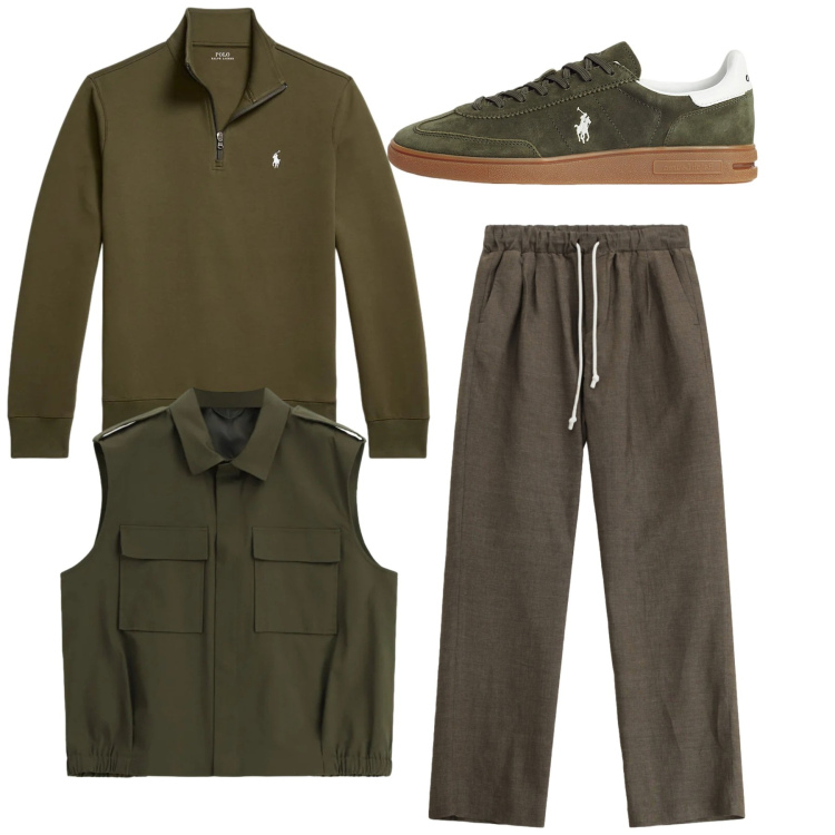 Outfit uomo - Il fascino del total look. Stile Casual per Tutti i giorni. Abbinamento con pantaloni, gilet, sneakers, pullovers.