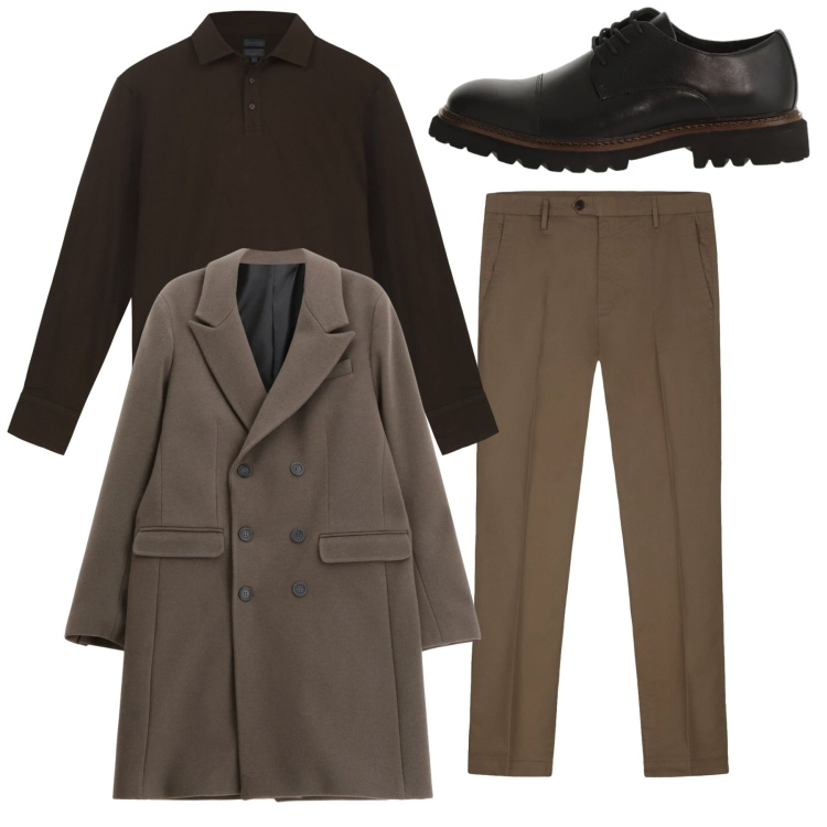 Outfit uomo - Total monochrome. Stile Casual per Tutti i giorni. Abbinamento con cappotti, scarpe stringate, polo, pantaloni.