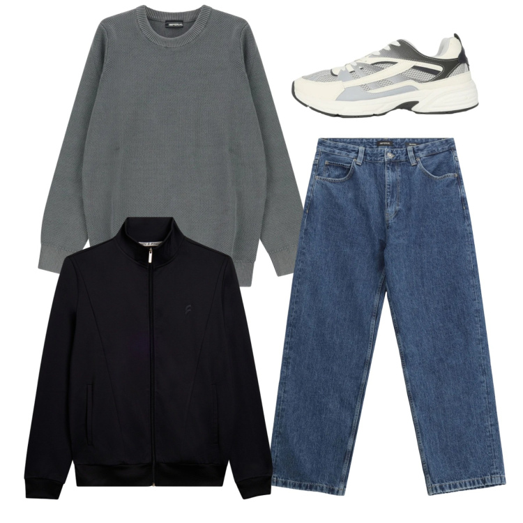 Outfit uomo - Total city. Stile Casual per Serata speciale. Abbinamento con sneakers, jeans, pullovers, bomber.