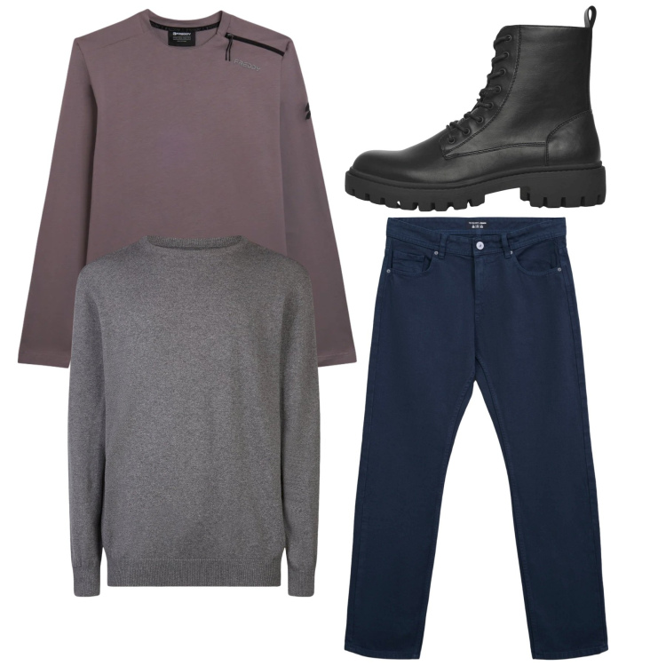 Outfit uomo - Total look. Stile Casual per Tutti i giorni. Abbinamento con anfibi, jeans dritti, t-shirt, maglieria.