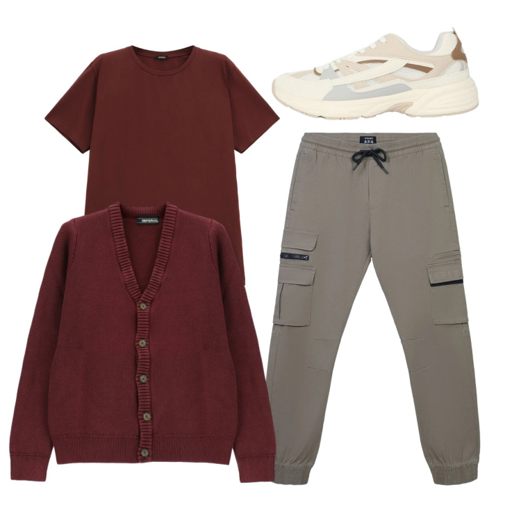 Outfit uomo - Fine settimana. Stile Casual per Tutti i giorni. Abbinamento con pantaloni cargo, sneakers, t-shirt, cardigans.