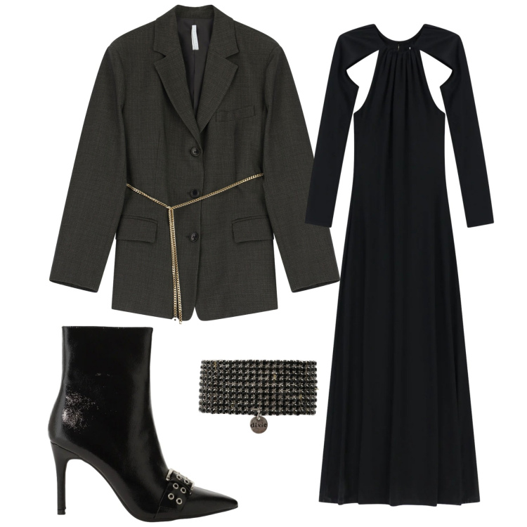 Outfit donna - Cut -out. Stile Chic per Serata fuori. Abbinamento con vestiti lunghi, stivaletti, blazer, braccialetti.