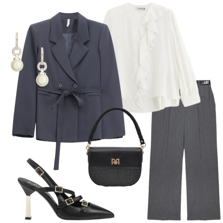 Outfit donna - Un tocco di luce d\'inverno. Stile Chic per Serata fuori. Abbinamento con décolleté, blazer, pantaloni, bluse, borse a spalla, orecchini.