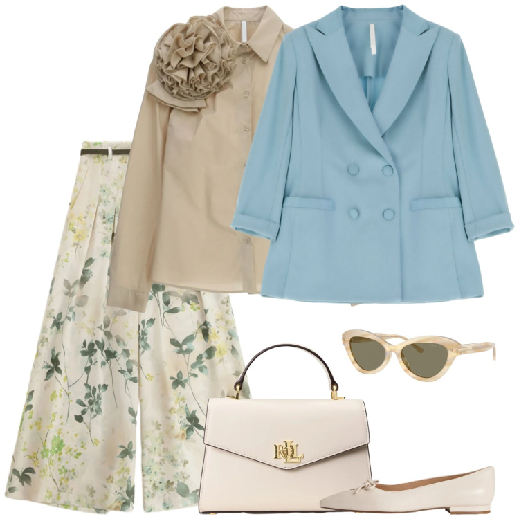 Outfit donna - Una cerimonia mattutina. Stile Casual chic per Cerimonia. Abbinamento con camicie, pantaloni a palazzo, blazer, occhiali da sole, borse a mano, ballerine.