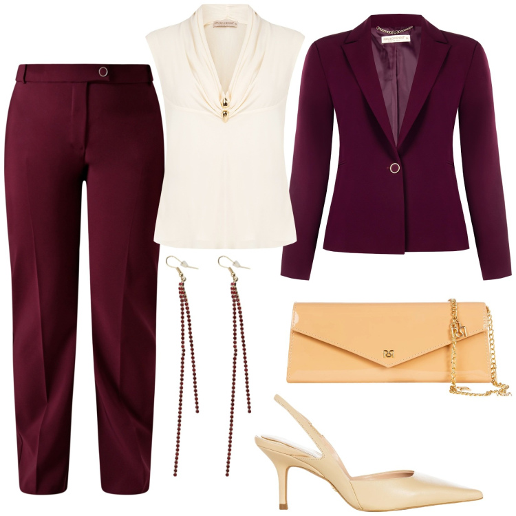 Outfit donna - Tocchi di luce d\'inverno. Stile Glamour per Cerimonia. Abbinamento con blazer, pantaloni, bluse, décolleté, pochette, orecchini.