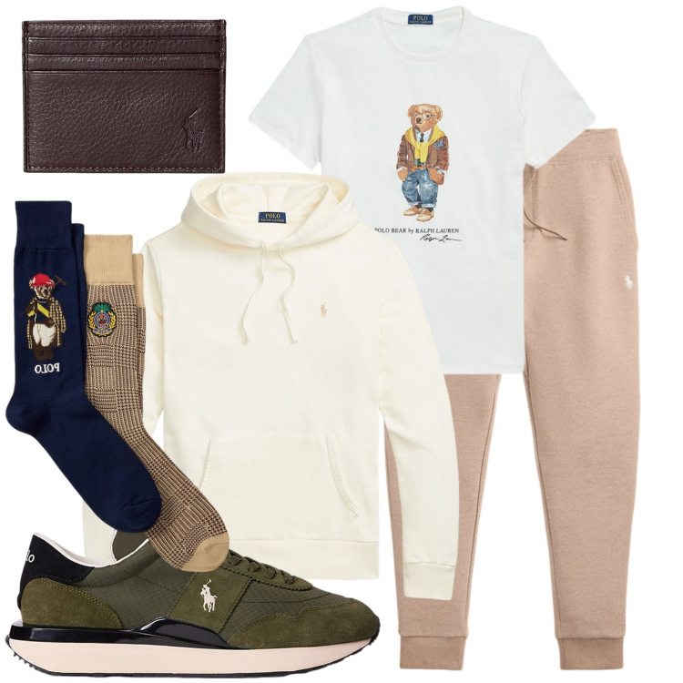 Outfit uomo - Fine settimana in relax. Stile Casual per Sport. Abbinamento con felpe con cappuccio, portafogli, sneakers, pantaloni, t-shirt, calzini.
